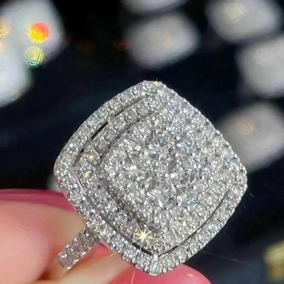 Large Square Shape Zircon Promise Ring Full Of Shiny Zircon Luxury Wedding Ring - Picture 3 of 8